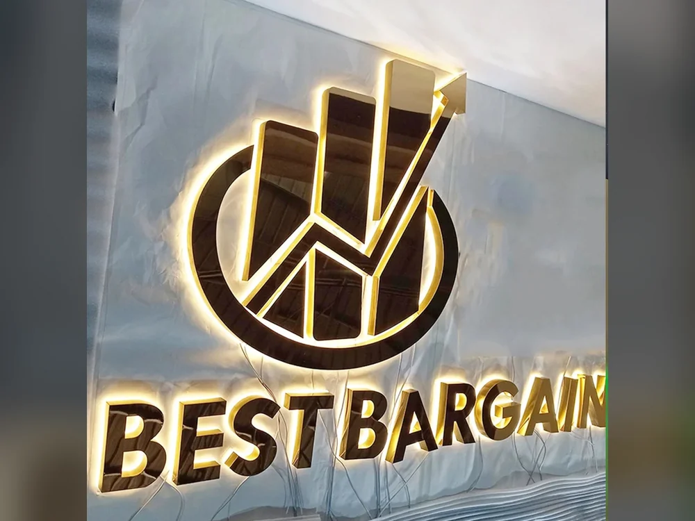 Altın paslanmaz ışıklı tabela - logo ve kutu harf uygulaması - Fabrika Reklam