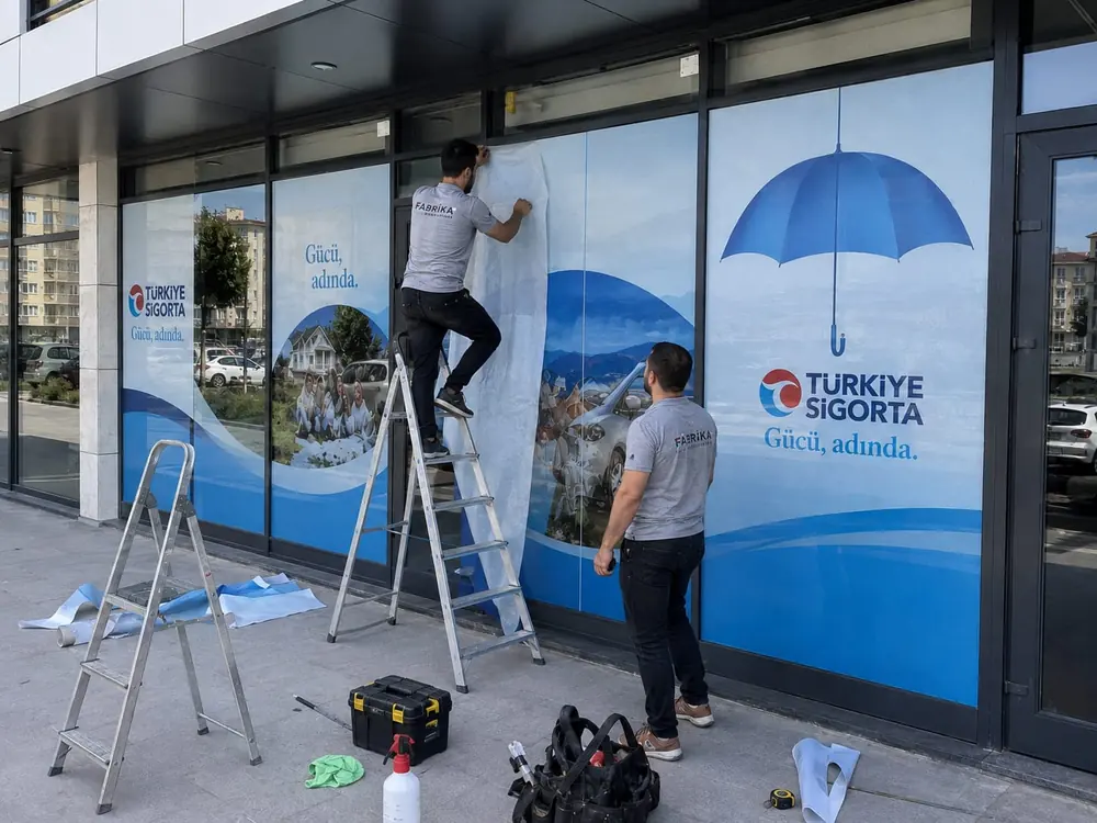 Fabrika Reklam ekibi Türkiye Sigorta vitrin folyo montajında