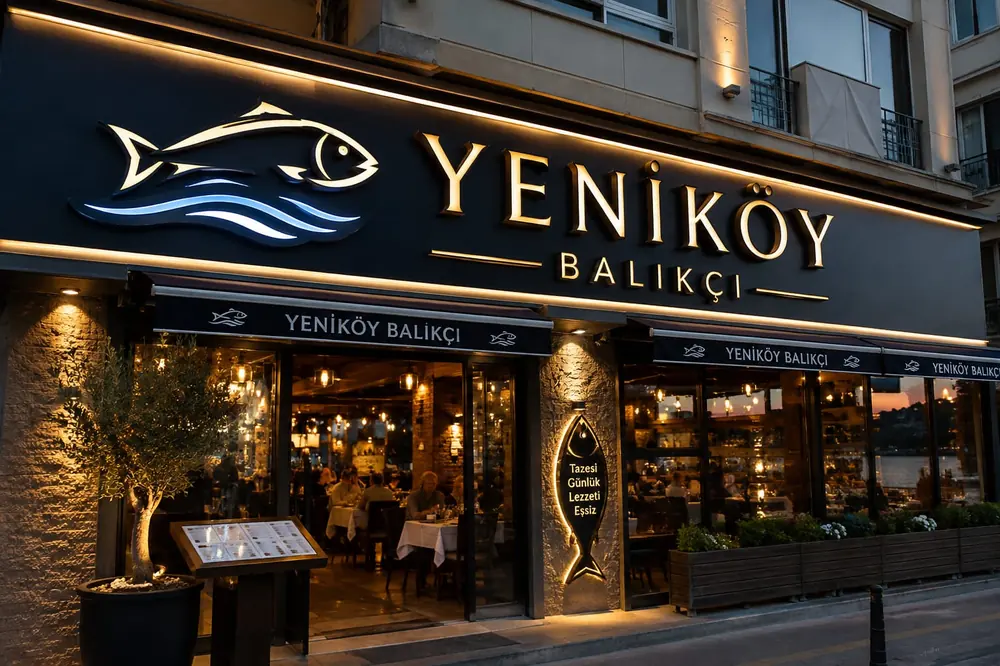 Yeniköy Balıkçı ahşap detaylı ışıklı tabela - Fabrika Reklam